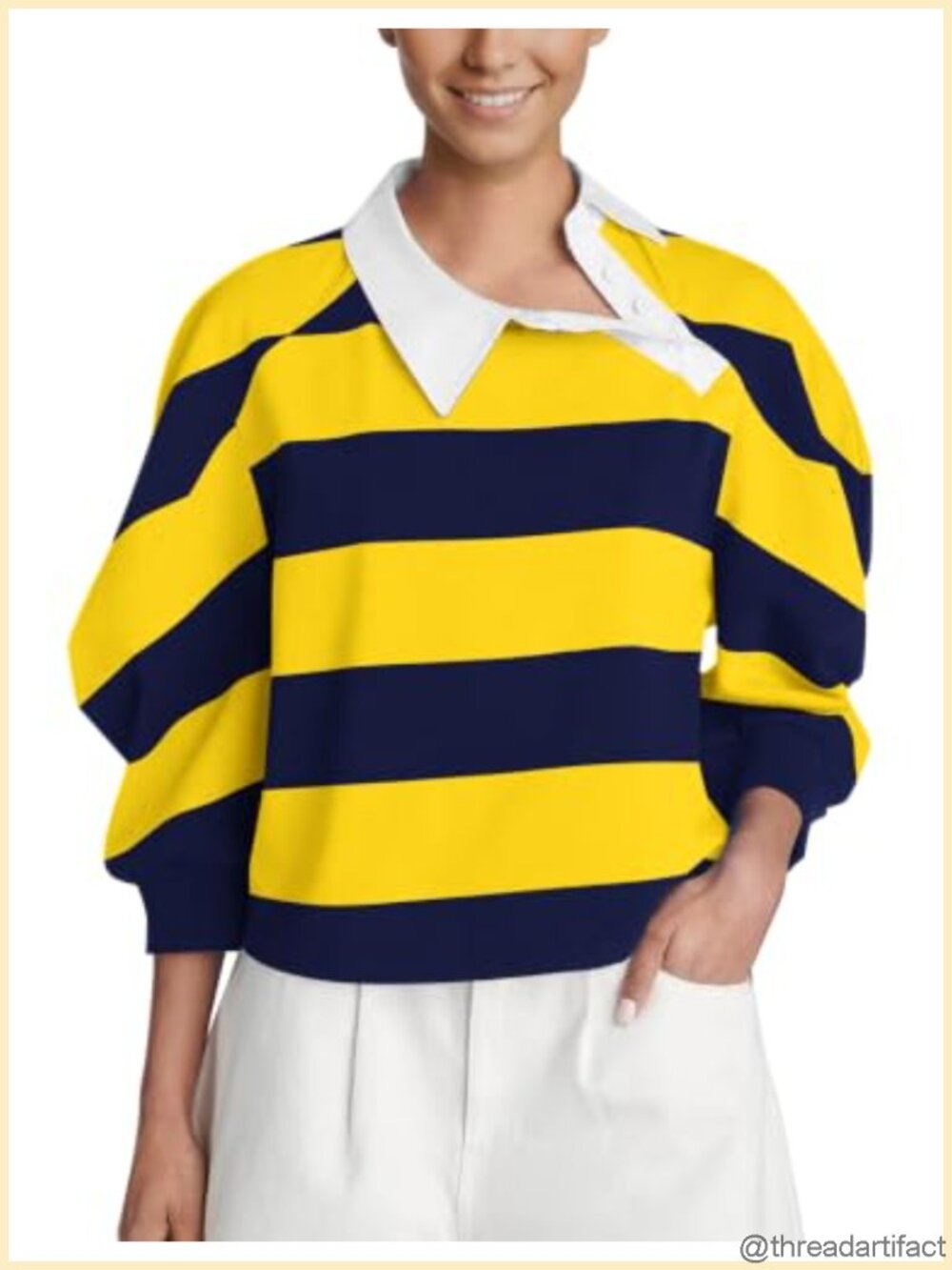 Women's Rugby Striped Polo Tee Balloon Sleeve Asymmetrical V-Neck Cotton Blend